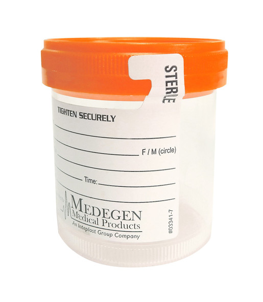 Medgen Temperature Strip Specimen Containers – Sterile, 3 oz (90 mL) Wide Mouth, Orange Lid, 400/case