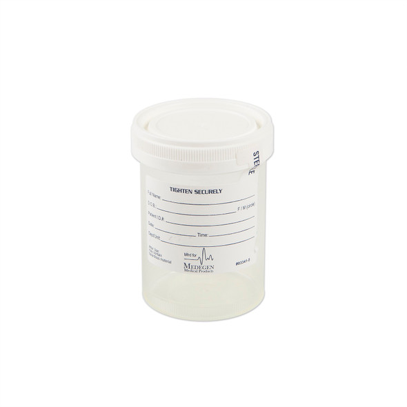 Medgen Standard Specimen Container – Sterile, 4 oz (120 mL) Capacity, Translucent with White Lid, 53 mm