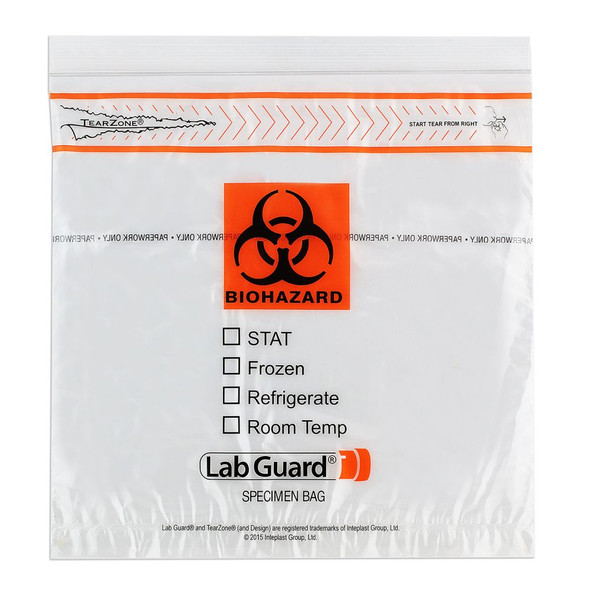 Medgen Lab Specimen Transport Bags – Single Zip Closure, 10×10 in, Tearzone EZ Open, Biohazard Symbol