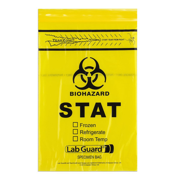 Medgen Lab Specimen Transport Bags – Single Zip Closure, Yellow Opaque, 6×9 in, Biohazard Symbol, Dispenser