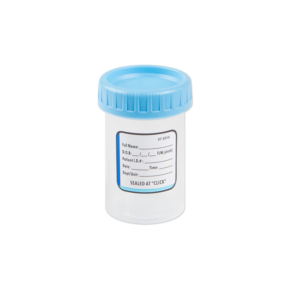 Medgen ClickSeal Specimen Container – Translucent, Blue Screw Cap, 4 oz (120 mL), 300/Case