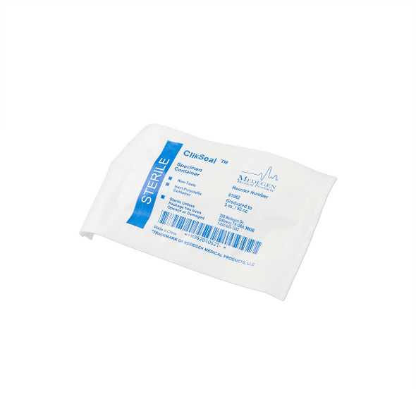 Medgen ClickSeal Specimen Container – Translucent, Blue Screw Cap, 3 oz (90 mL), Sterile, 100/Case