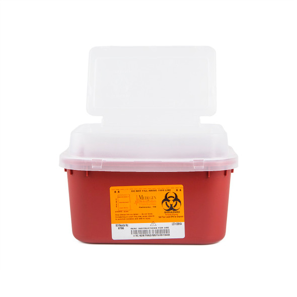 Medgen Stackable Sharps Container – Polypropylene, 1 gal Capacity, Tortuous Path Lid, Red/Black, 10 x 7 x
