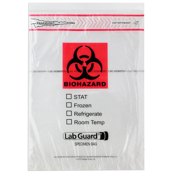 Medgen Lab Specimen Transport Bags – 9×12 in, Single Zip Closure, TearZone EZ Open, 1000/case