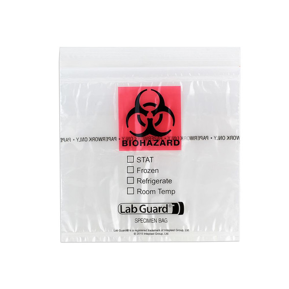 Medgen Lab Specimen Transport Bags – Single Zip Closure, 6×6 in, Clear/Blk & Red, Biohazard Symbol, 1000/case