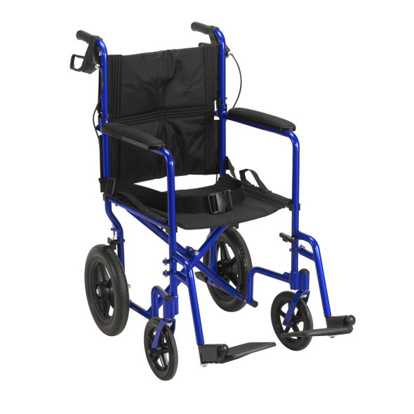 Drive Expedition Aluminum Transport Chair in blue – front three-quarter view with seat belt