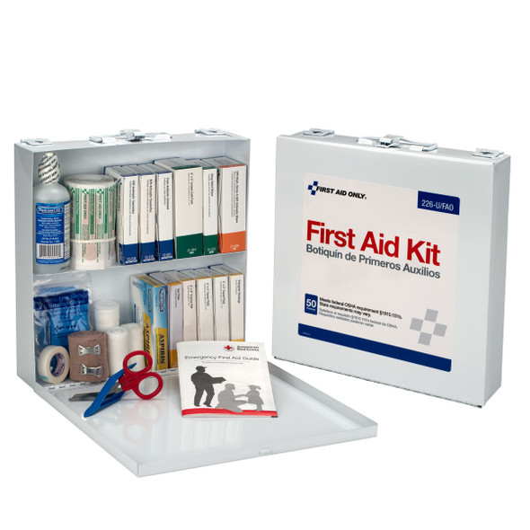 First 50 Person First Aid Kit – Metal Case, OSHA Compliant, 2 Package Options, Eye Wash and 5-Piece CPR Kit
