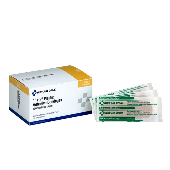 First 1"x3" Plastic Bandages – 100 per Box, 1" x 3", Non-Stick Pad, Water-Repellent Backing