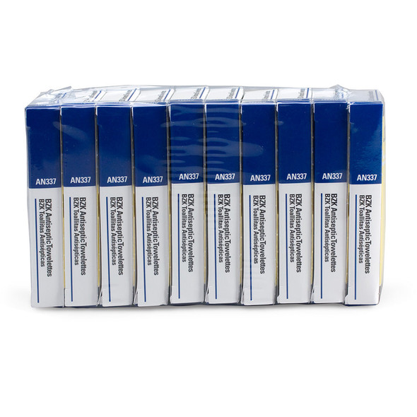 First BZK Antiseptic Wipes – 10 per Box, 10 Pack, Single-Use, For Workplace First Aid and Injury Care