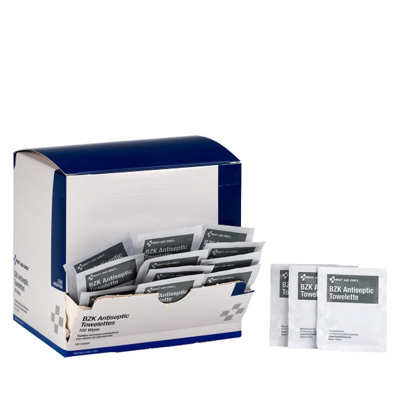 First BZK Antiseptic Wipes – 100 Per Box, Single-Use, For Workplace First Aid and Injury Care