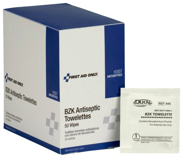 First BZK Antiseptic Wipes – 50 Per Box, Single-Use, For Workplace First Aid and Injury Care