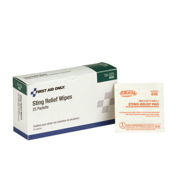 First Sting Relief Wipes – 25 Per Box, Single-Use, For Workplace First Aid and Injury Care