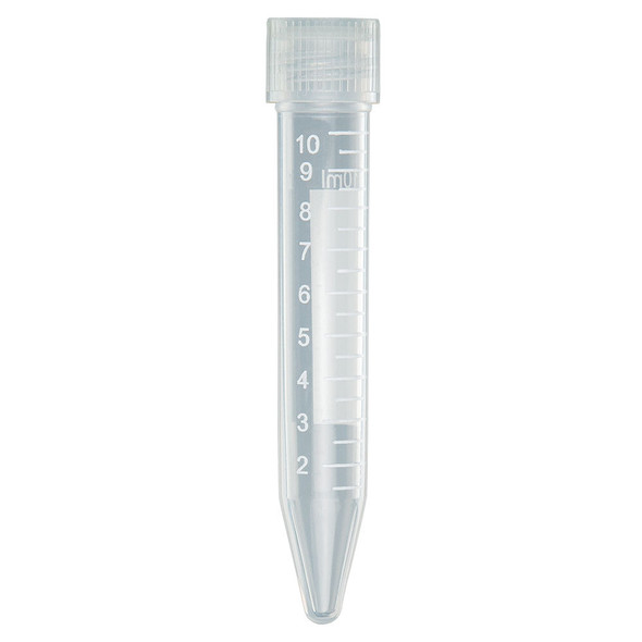 Globe Centrifuge Tube – 10mL, with Separate Natural Screw Cap, PP, Printed Graduations, 500/Bag, 2 Bags/Case