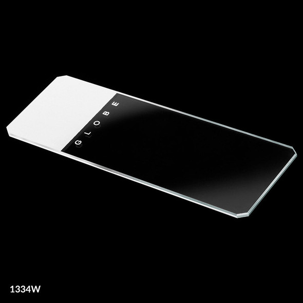 Globe Microscope Slides – Glass, 25 X 75mm, 45° Beveled Edges, Clipped Corners, White Frosted