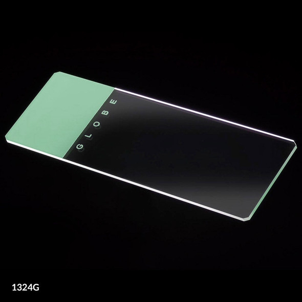 Globe Microscope Slides – Glass, 25 X 75mm, 90° Ground Edges with Safety Corners, Green Frosted