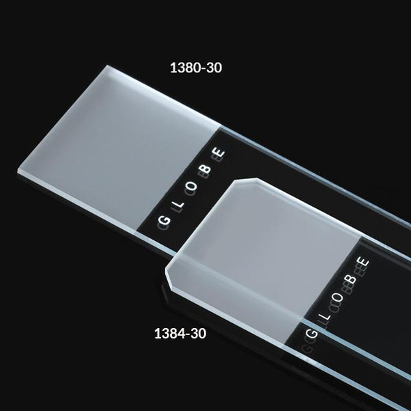 Globe Microscope Slides – Diamond White Glass, 25 X 75mm, 90° Ground Edges, Frosted: 1 End, 2 Sides