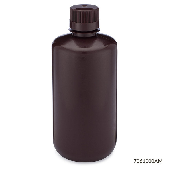 Globe Bottles, Diamond RealSeal, Narrow Mouth Boston Round, Amber Hdpe with Amber PP Closure, 1000mL, 6/Pack