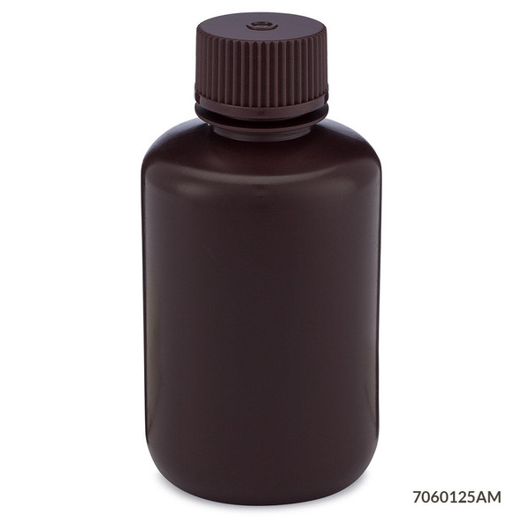 Globe Bottles, Diamond RealSeal, Narrow Mouth Boston Round, Amber Hdpe with Amber PP Closure, 125mL, 12/Pack