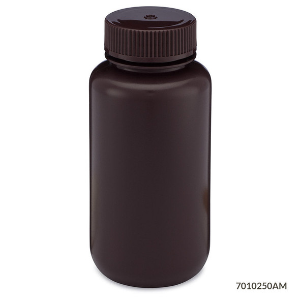 Globe Bottles, Diamond RealSeal, Wide Mouth Round, Amber Hdpe with Amber PP Closure, 250mL, 12/Pack