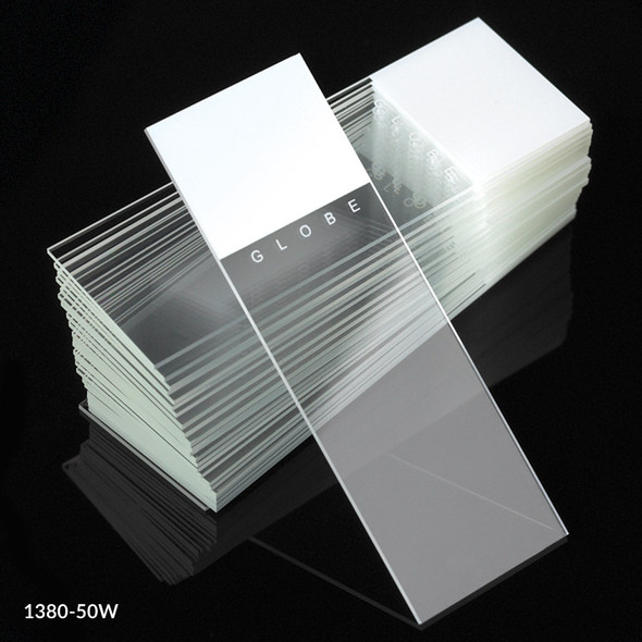 Globe Microscope Slides – Diamond White Glass, 25 X 75mm, 90° Ground Edges, White Frosted, Ground Edges