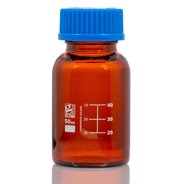 Globe 50mL Amber Media Bottle – Globe Glass, Gl32 Screw Cap, Dual Graduations, 10/Pack, Dual Graduations