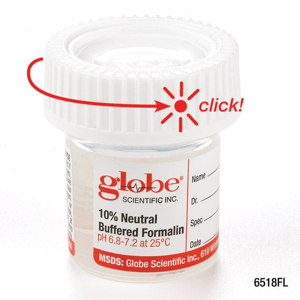 Globe Pre-Filled Click Close Container: 20mL – 0.67oz, 96 per case, Attached Hazard Label, For Laboratory