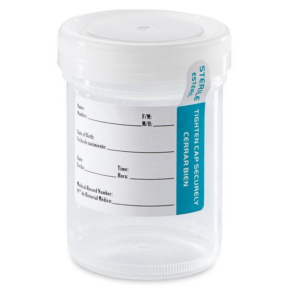 Globe Container: Tite-Rite – 120mL , PP, Sterile, Attached White Screw Cap, ID Label with Tab Seal, Graduated