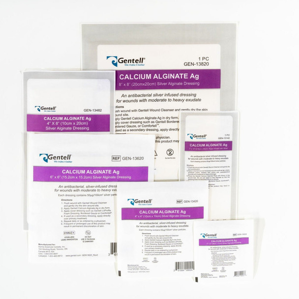 Gentell Calcium Alginate Ag (Silver) Dressings – 2 in x 2 in to 8 in x 8 in Sizes, Boxes of 10 or 50