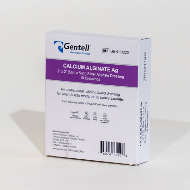 Gentell Calcium Alginate Ag (Silver) Dressings – 2 in x 2 in to 8 in x 8 in Sizes, Boxes of 10 or 50