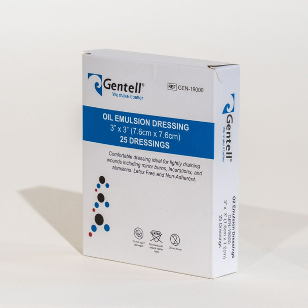 Gentell Oil Emulsion Dressing 3" x 3" – 3 in x 3 in Size, Boxes of 25, Latex-Free, Genuine Gentell Product