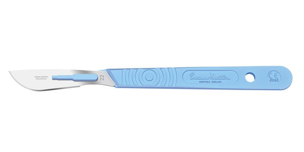 Swann Morton Disposable Scalpels Size 22, Sterile, 10 Per Box, Blue Handle, Single Use, For Surgical Use