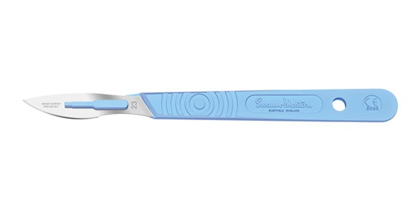 Swann Morton Disposable Scalpels Size 23, Stainless Steel, Sterile, 10 Per Box, Blue Handle