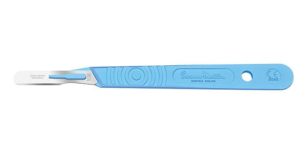 Swann Morton Disposable Scalpels Size 10R, Stainless Steel, Sterile, 10 Per Box, Blue Handle
