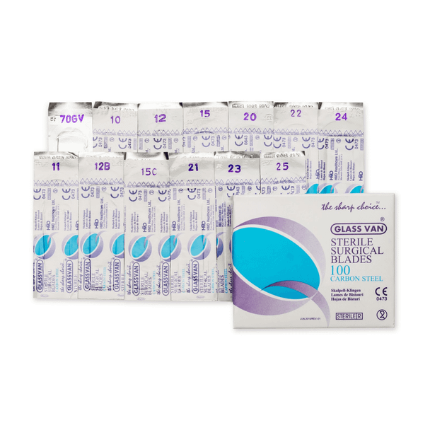 GLASSVAN Carbon Steel Surgical Blades – Packaged 100 to a box – 12 Configurations – Sterile and Single-Use