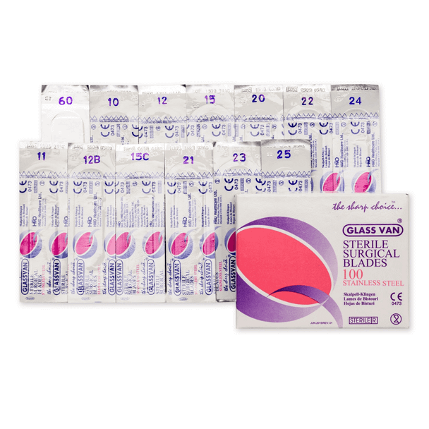 GLASSVAN Stainless Steel Surgical Blades – Packaged 100 to a box – 12 Configurations – Sterile and Single-Use