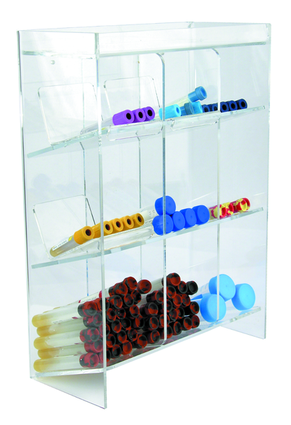 Unico Tube Organizer – 11.5"W x 5.5"D x 16"H, 3 Tier, 9 Compartments, Wall Mount or Benchtop Use, Acrylic