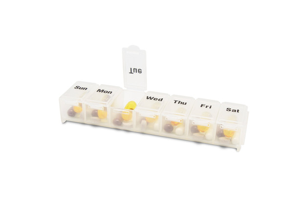 Dukal 7-Day Pill Organizer – Weekly Medication Box with Braille Lids, Portable & Latex-Free, 6.75" Size