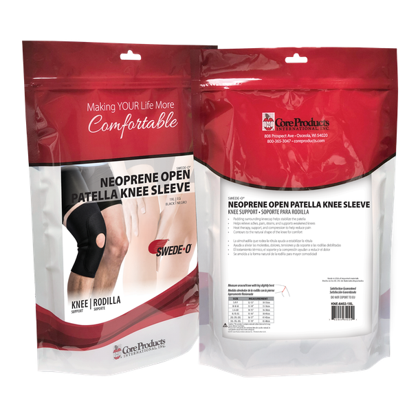 Core Products Swede-O Neoprene Open Patella Knee Sleeve Support – 6 Configurations – Sizes Small to X Large