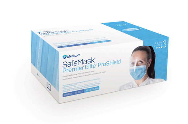 Medicom SafeMask Premier Elite ProShield Earloop Face Mask with Visor – 2 Configurations – ASTM Level 3