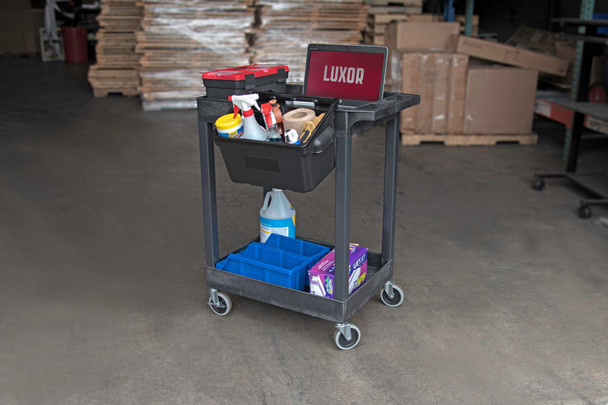 Luxor 24" x 18" Plastic Utility Tub Cart - Two Shelves with Outrigger Utility Cart Bins 27.25x18x34.25 in