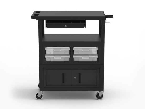 Luxor 32" x 18" Deluxe Teacher Cart with Locking Cabinet, Storage Bins, Keyboard Tray, Pocket Chart Hooks, and