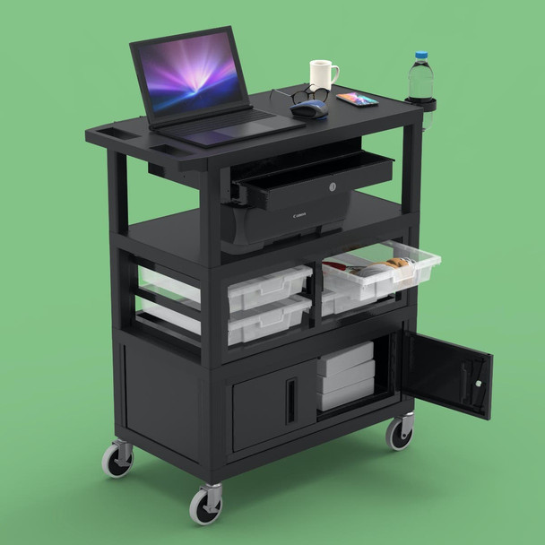 Luxor 32" x 18" Deluxe Teacher Cart with Locking Cabinet, Storage Bins, Keyboard Tray, Pocket Chart Hooks, and