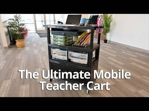 Luxor 32" x 18" Deluxe Teacher Cart with Locking Cabinet, Storage Bins, Keyboard Tray, Pocket Chart Hooks, and
