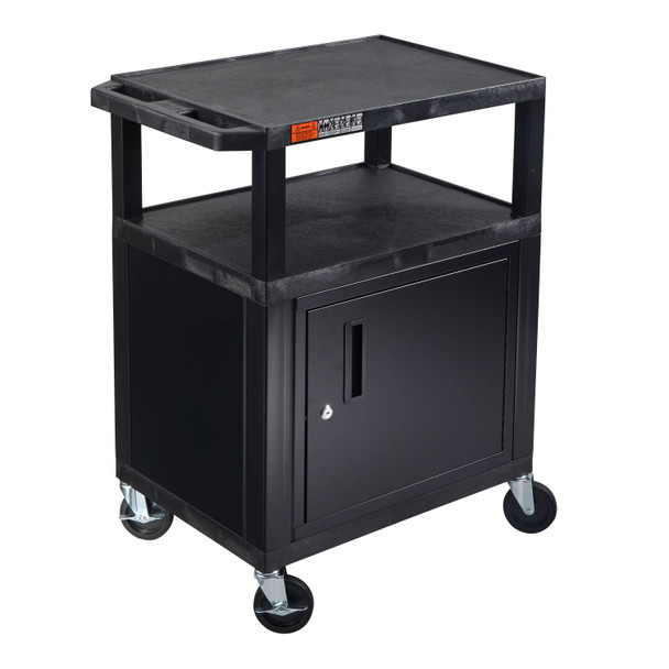 Luxor 34"H AV Cart - 3 Shelves, Cabinet, Electric - Black Legs 24x18x34 in Locking Design for Facilities