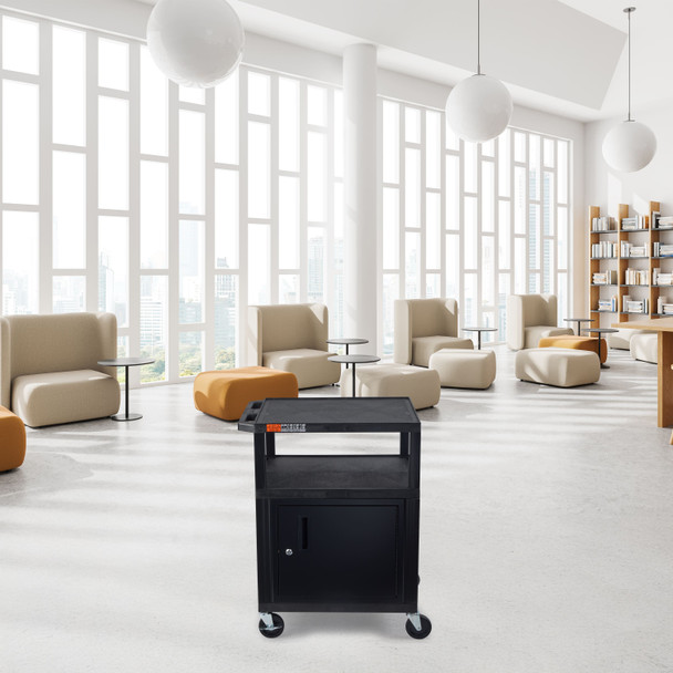 Luxor 34"H AV Cart - 3 Shelves, Cabinet, Electric - Black Legs 24x18x34 in Locking Design for Facilities
