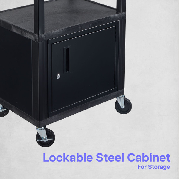 Luxor 34"H AV Cart - 3 Shelves, Cabinet, Electric - Black Legs 24x18x34 in Locking Design for Facilities