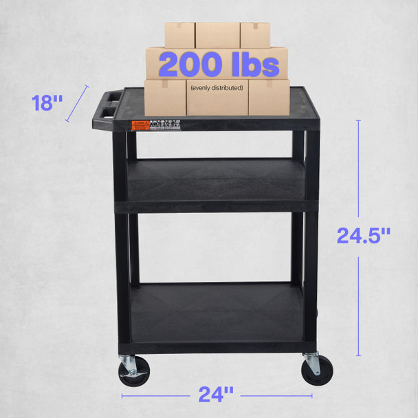 Luxor TUFFY 34" Multi-Purpose Utility Cart, 24" x 18", Flat Shelves with Extended Lower-Shelf Clearance