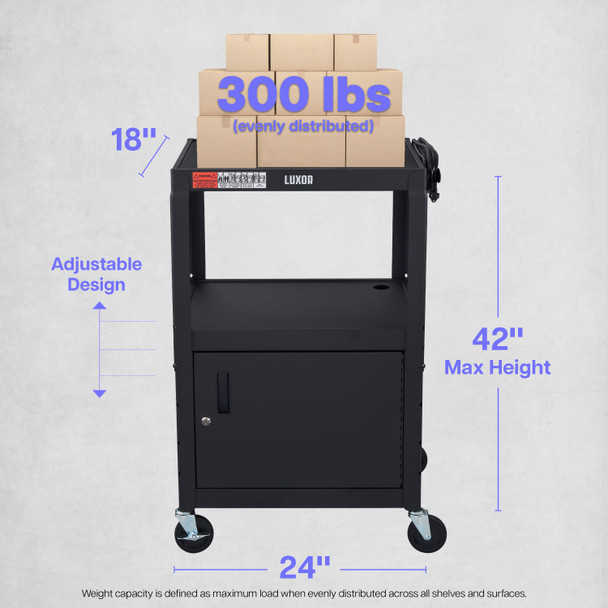 Luxor LEADER Adjustable-Height Three-Shelf Media Utility Cart 24x18x24 in with 3 Shelves Steel Build
