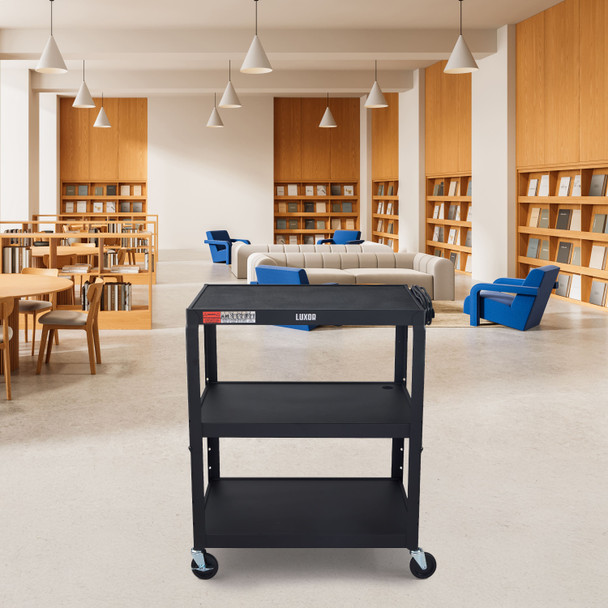 Luxor LEADER XL Adjustable-Height Three-Shelf Media Utility Cart, 32" x 20" 32x20x24 in with 3 Shelves