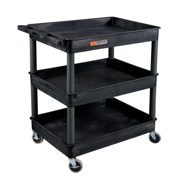 Luxor ENDURA XL 34" H Three-Shelf Utility Cart, 32" W x 24" D, Black, Tub Shelves with 3 Shelves
